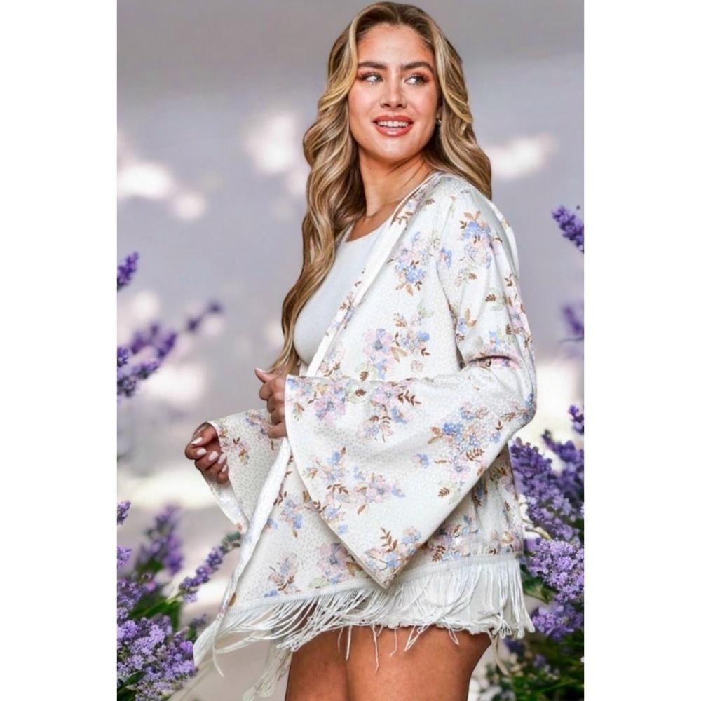 PEACH LOVE Ivory Floral Print Satin Cardigan with Fringe